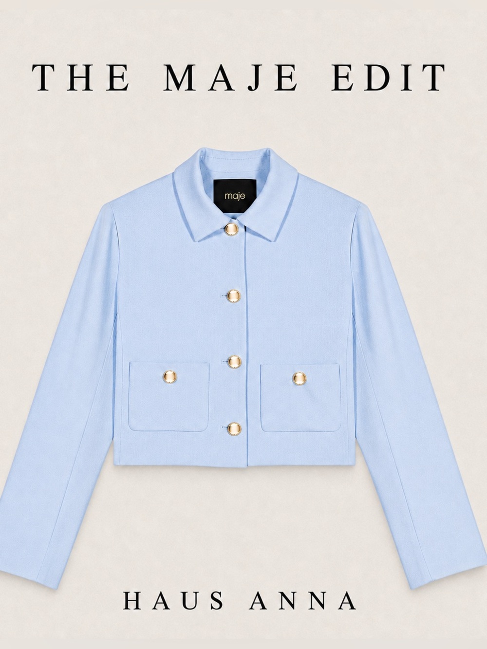 NWT Maje Short Single Breast Jacket in Light Blue with Gold Buttons